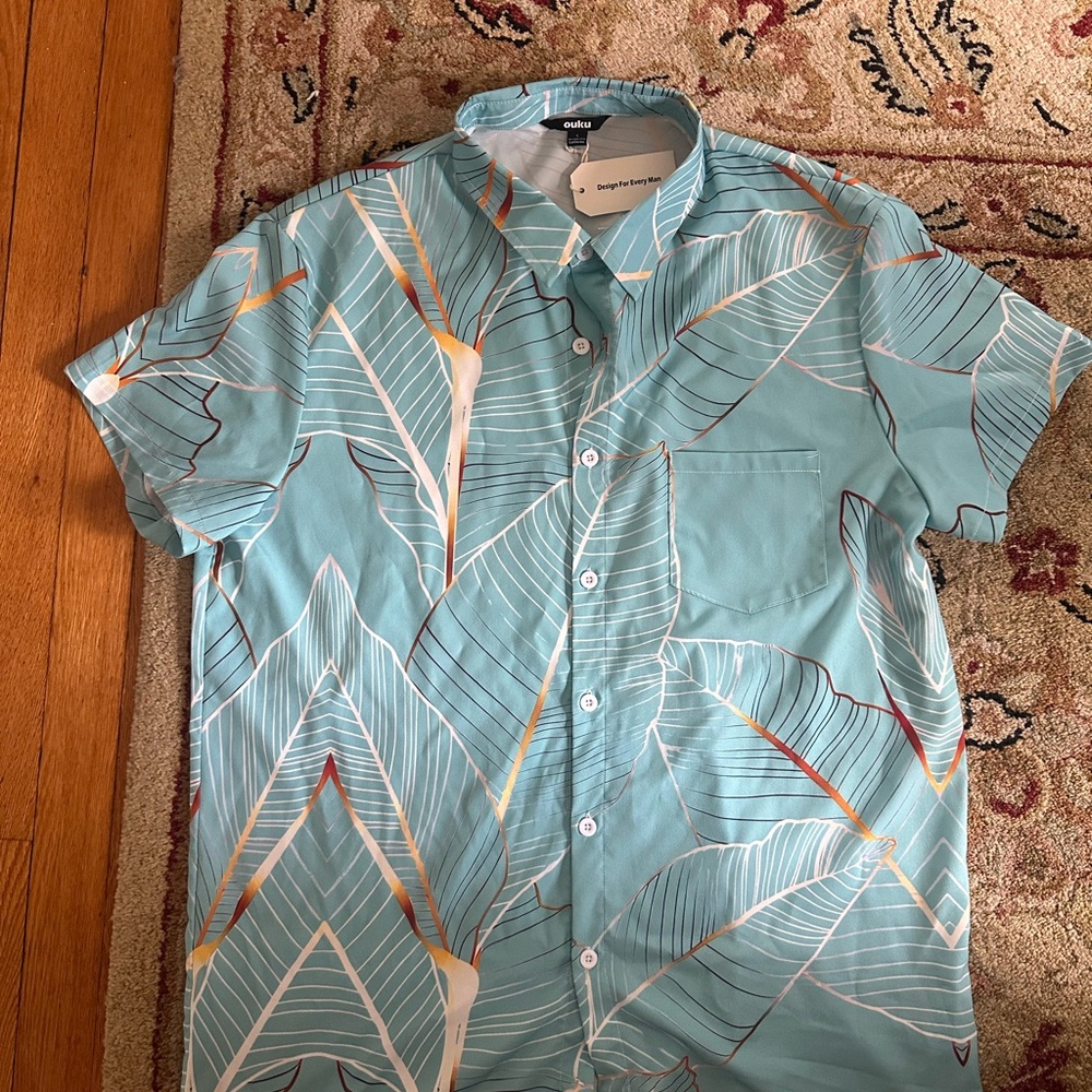 Cubavera Blue Casual Button Down Shirt with Geometric Pattern